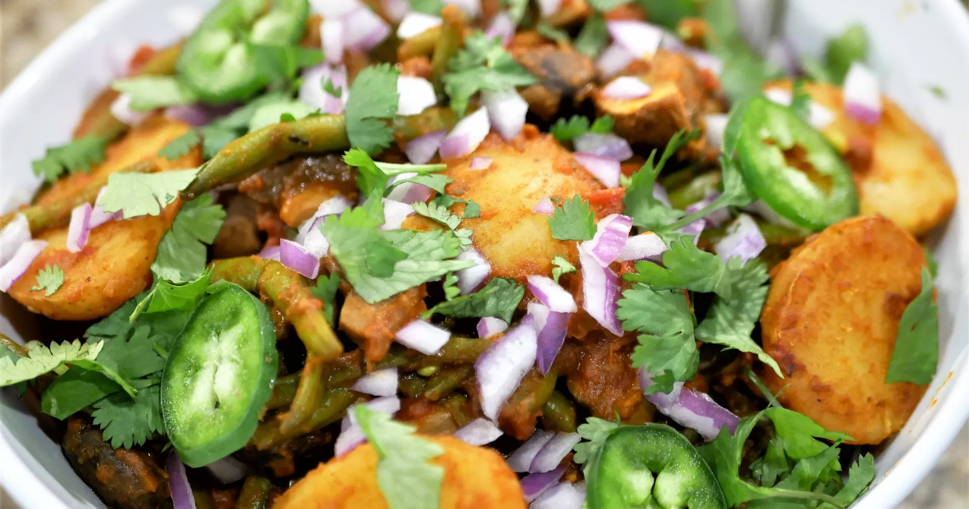 Indian Style Potatoes with Green Beans and Mushrooms